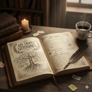 Grimoire d'écrivain ouvert illustrant les tropes littéraires avec un arbre des genres, une plume et une bougie.
