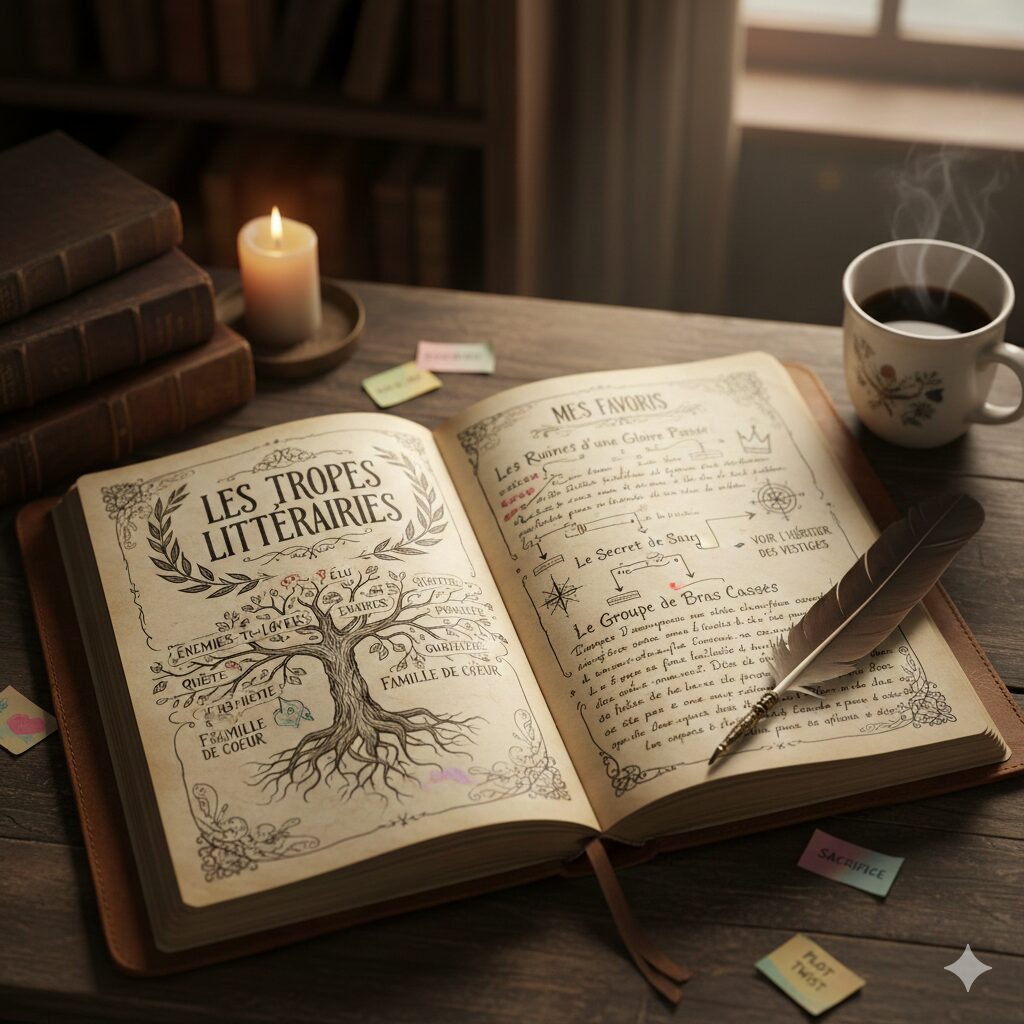 Grimoire d'écrivain ouvert illustrant les tropes littéraires avec un arbre des genres, une plume et une bougie.