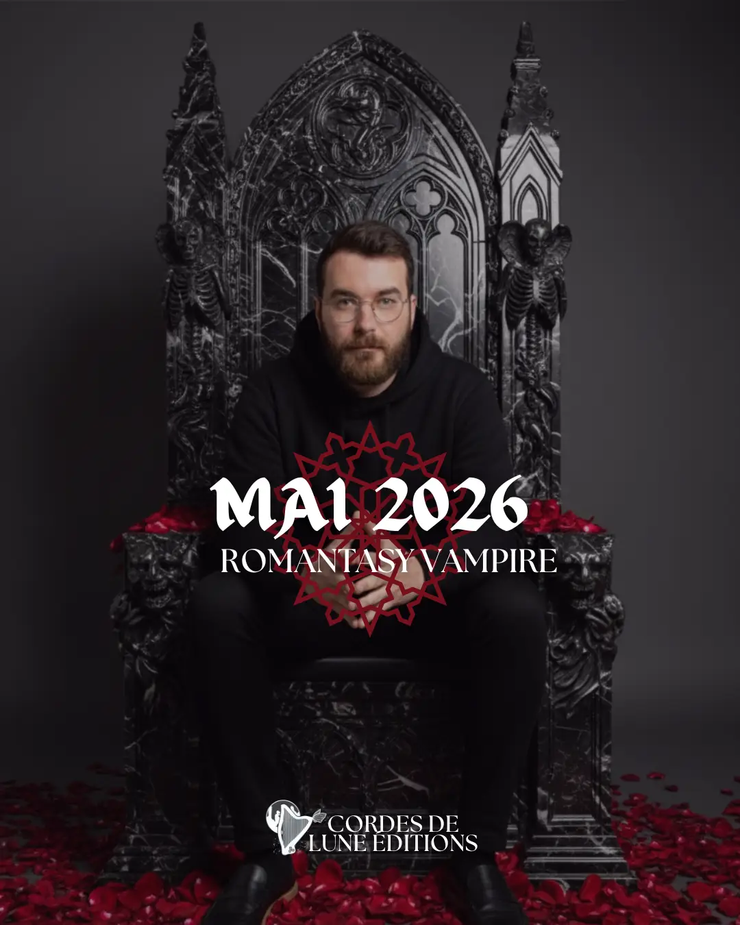 Découvrez l'annonce officielle du prochain roman de romantasy vampire de Maxime Bryant. Sortie prévue en mai 2026 chez Cordes de Lune Éditions.