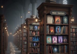 Une bibliothèque imaginaire avec des étagères étiquetées de différents sous-genres de la fantasy (High Fantasy, Urban Fantasy, Dark Fantasy, Romantasy).