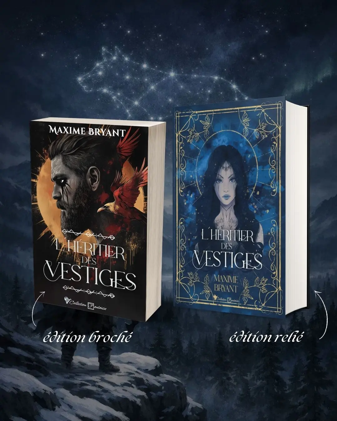 Couvertures du roman de fantasy viking L'Héritier des Vestiges par Maxime Bryant en éditions brochée et reliée.